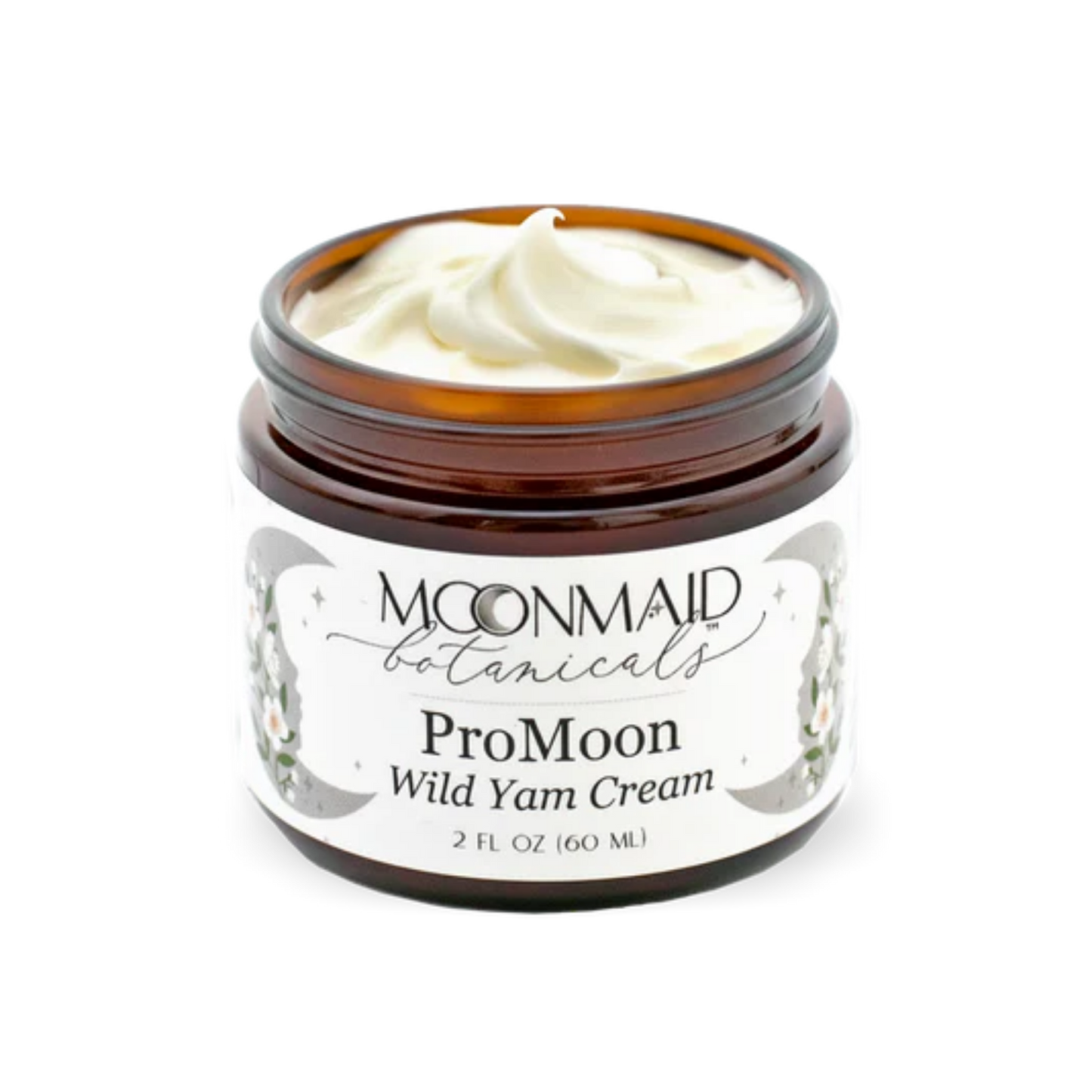 An open amber glass jar of MoonMaid Botanicals ProMoon Wild Yam Cream, revealing a thick, creamy white swirl of the product inside.