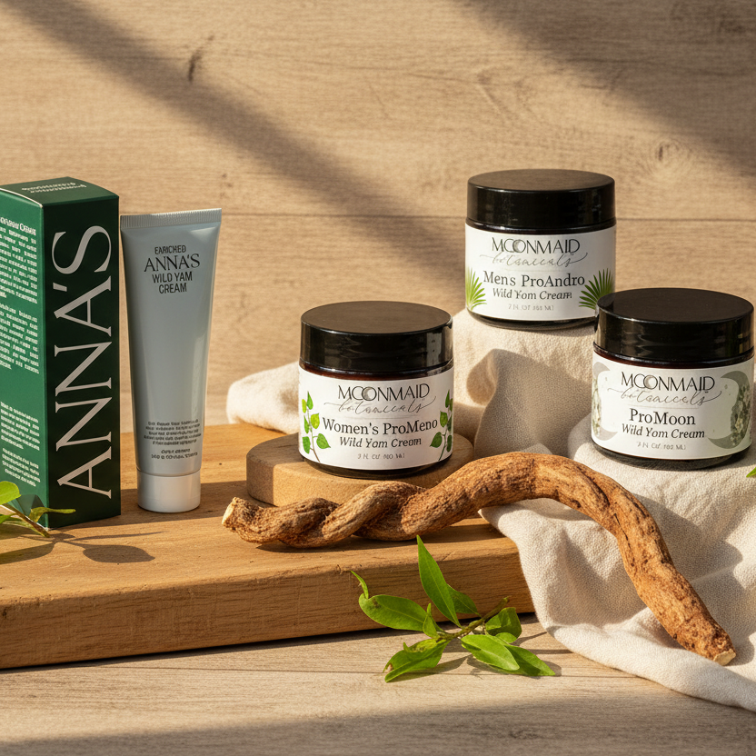 Anna's and MoonMaid Botanicals wild yam cream products displayed on a wooden board.