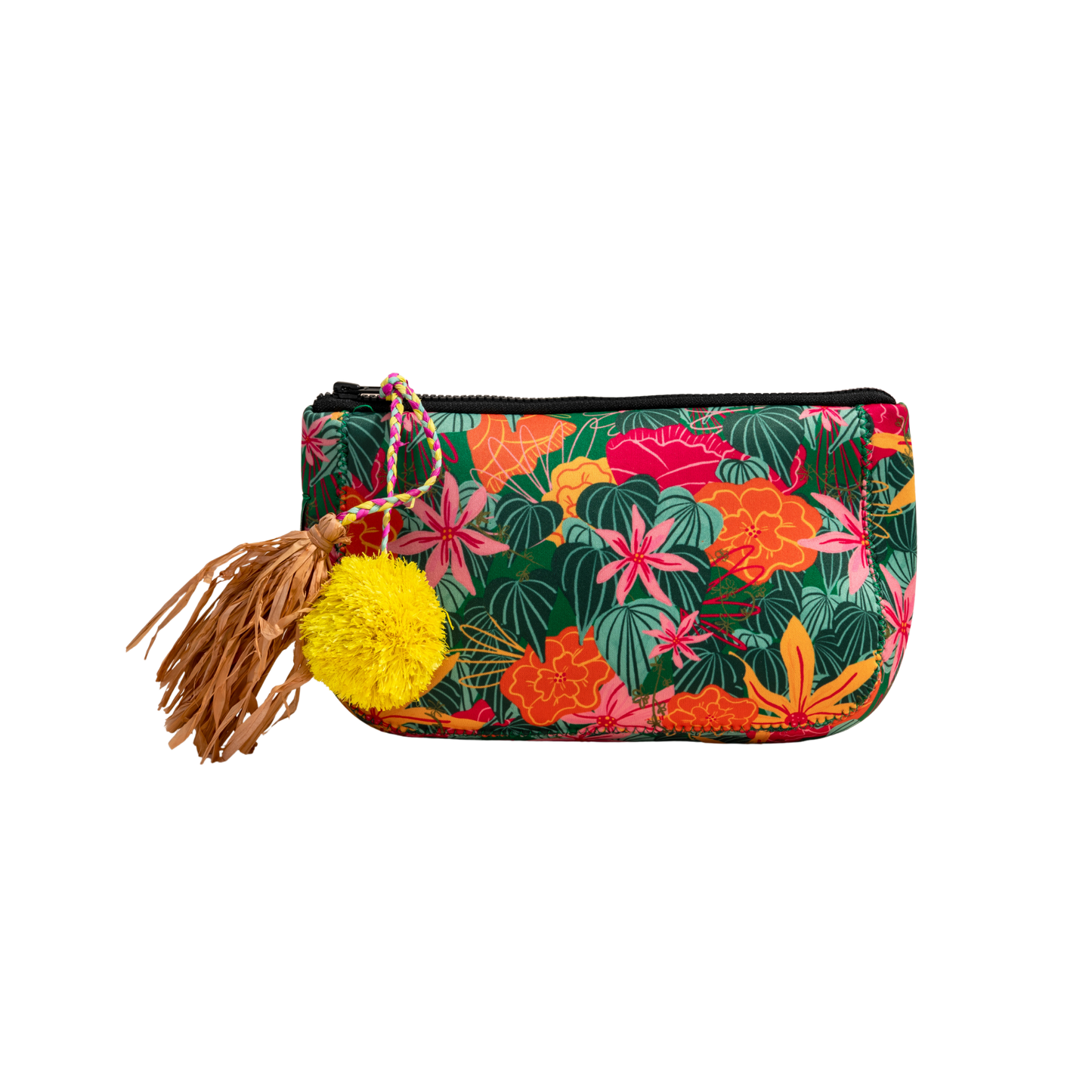 ANNAs Floral patterned pouch with a yellow pom-pom tassel on a white background