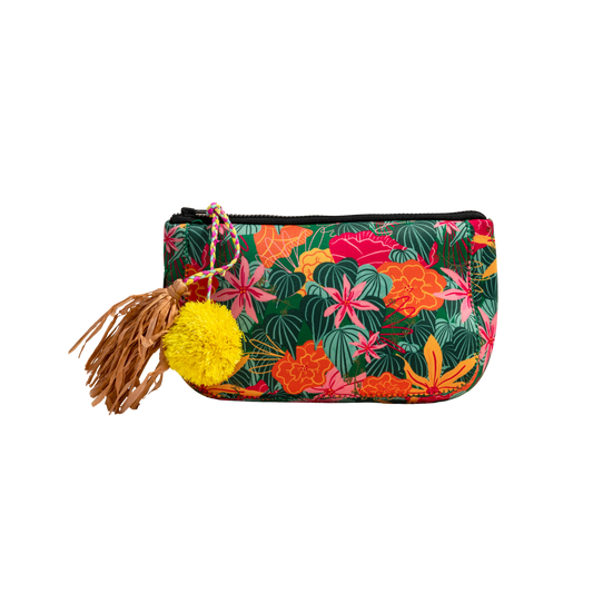 ANNAs Floral patterned pouch with a yellow pom-pom tassel on a white background