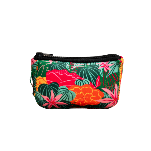 Anna's mini toiletry bag showing the continuous green, pink, and orange tropical floral design with a black zipper