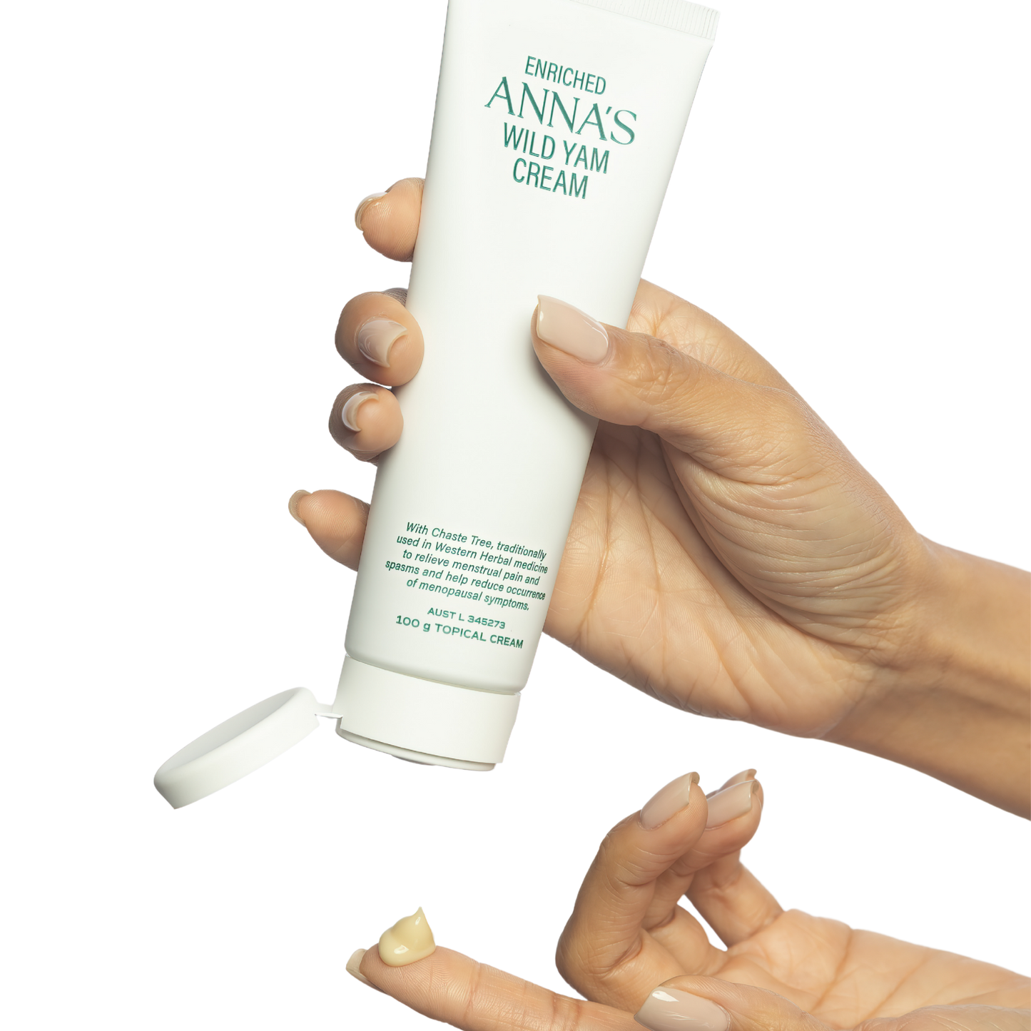 Pea-sized amount of Anna's Wild Yam Cream on fingertip showing correct daily application dose