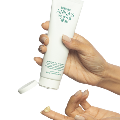 Pea-sized amount of Anna's Wild Yam Cream on fingertip showing correct daily application dose