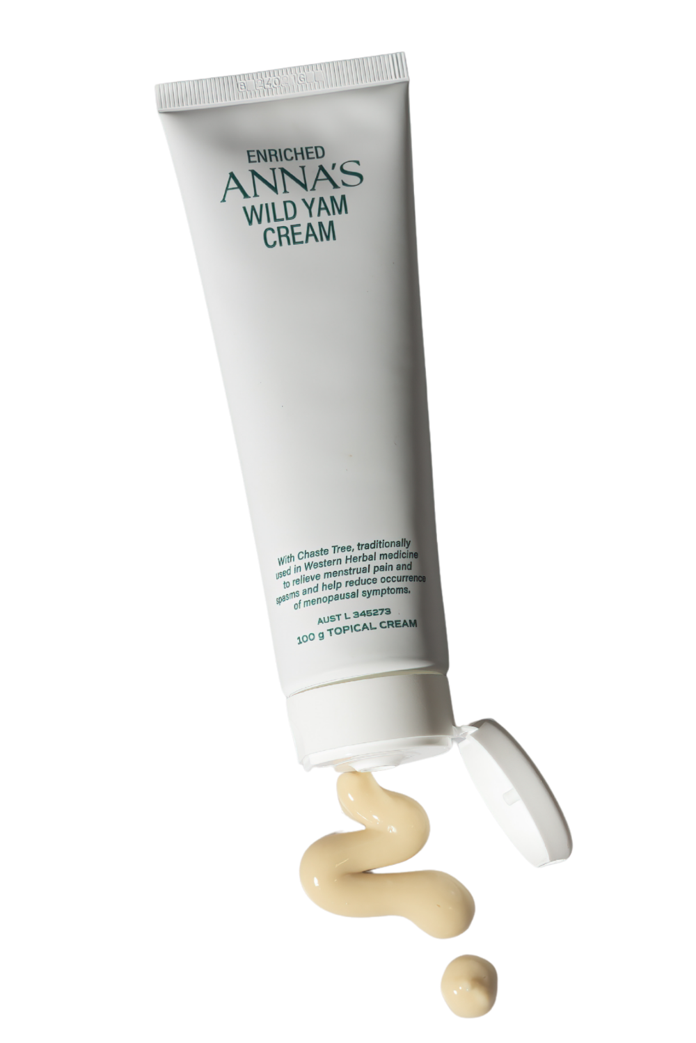 Open tube of Anna's Wild Yam Cream showing smooth cream texture — natural hormone support for menopause and PMS