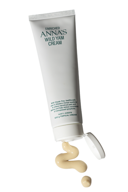 Open tube of Anna's Wild Yam Cream showing smooth cream texture — natural hormone support for menopause and PMS