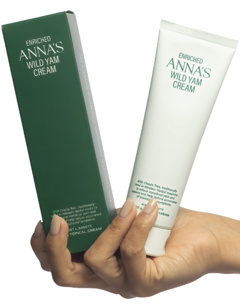 Enriched Anna's Wild Yam Cream packaging and tube held by a hand on a white background