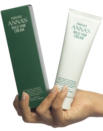 Enriched Anna's Wild Yam Cream packaging and tube held by a hand on a white background