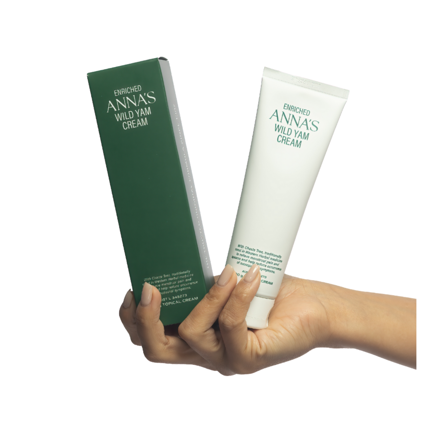 Hand holding a tube and box of Enriched Anna's Wild Yam Cream on a white background