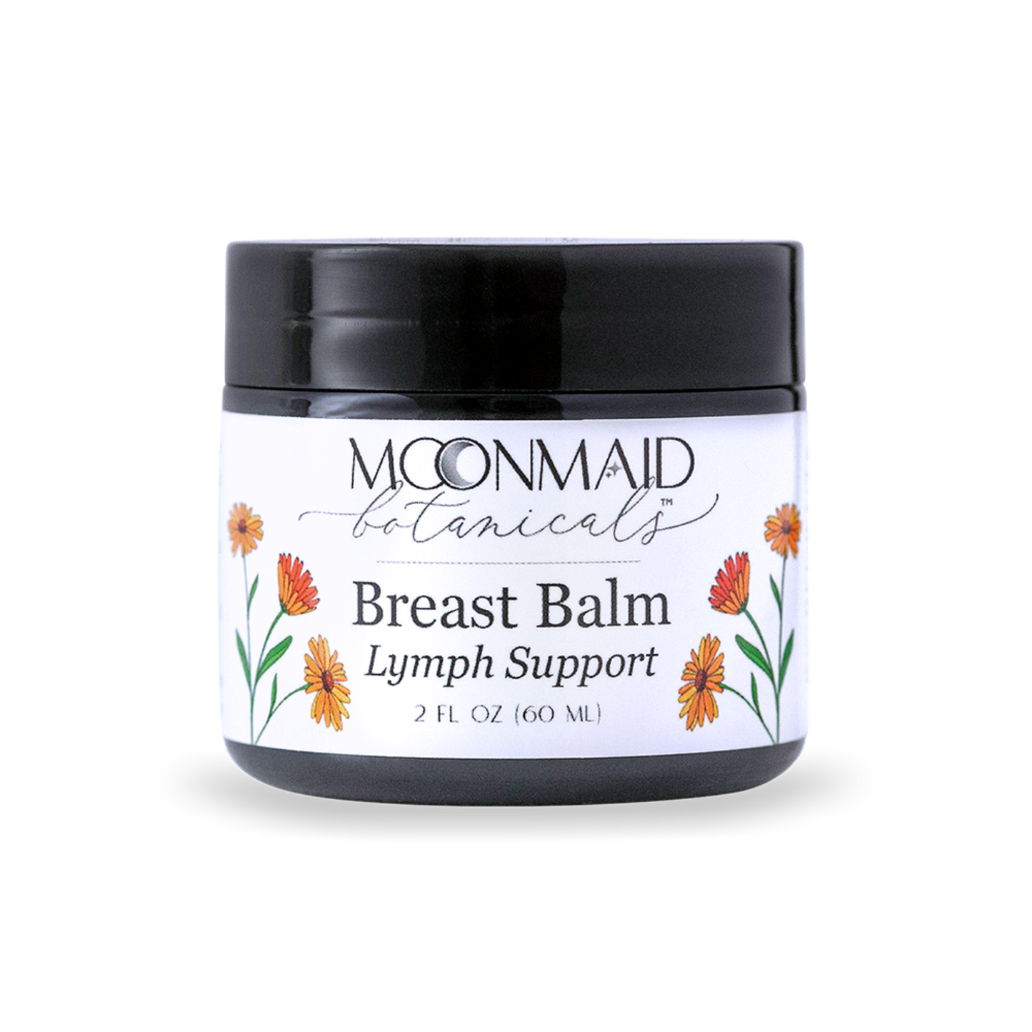 Product shot of MoonMaid Botanicals Breast Balm Lymph Support 2 FL OZ (60 ML) jar with orange calendula flower illustrations on the label.