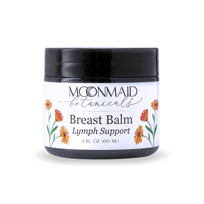 Product shot of MoonMaid Botanicals Breast Balm Lymph Support 2 FL OZ (60 ML) jar with orange calendula flower illustrations on the label.