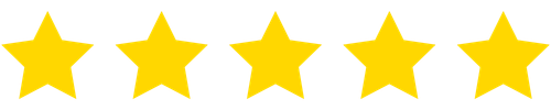 Five bright yellow rating stars arranged horizontally on a transparent background, used to indicate excellent customer reviews.