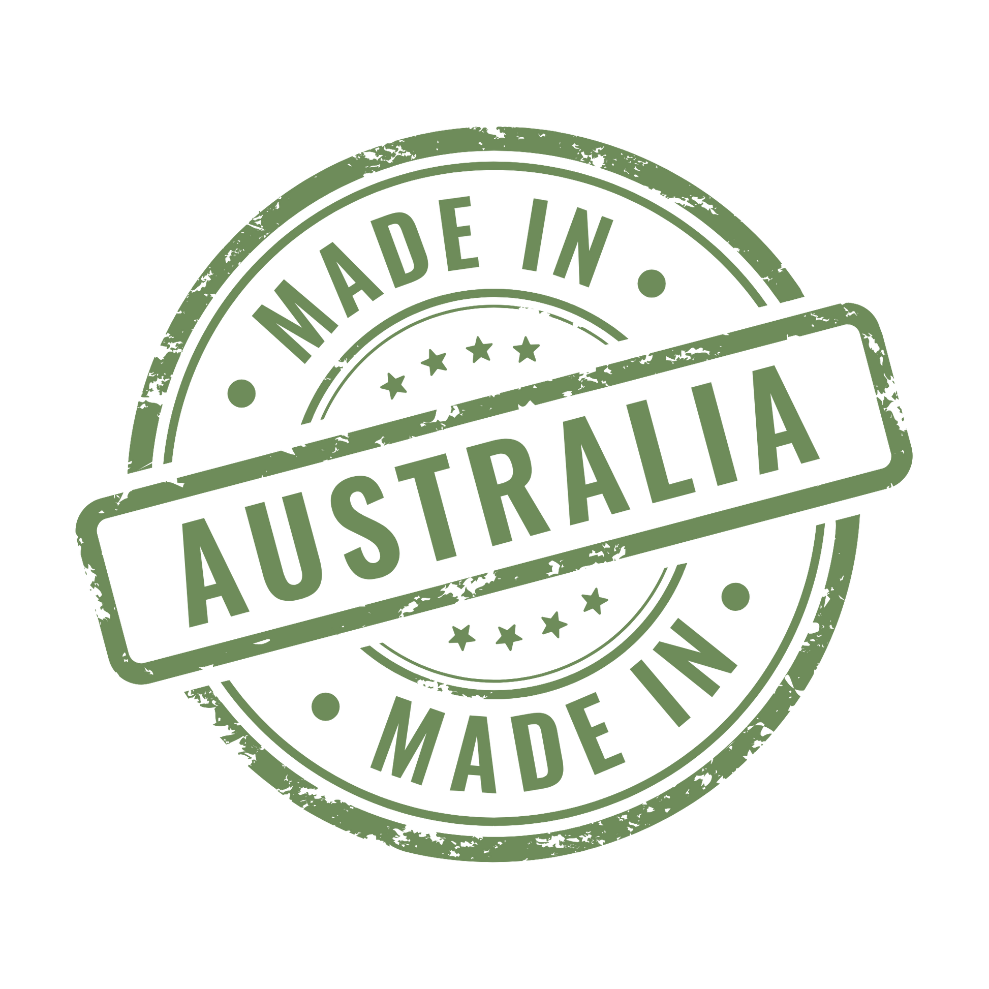 Green distressed "Made in Australia" certification seal icon on a transparent background.