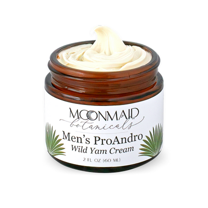 An open jar of Moonmaid Botanicals Men's ProAndro Wild Yam Cream showing a close-up swirl of the smooth, off-white thick cream texture.