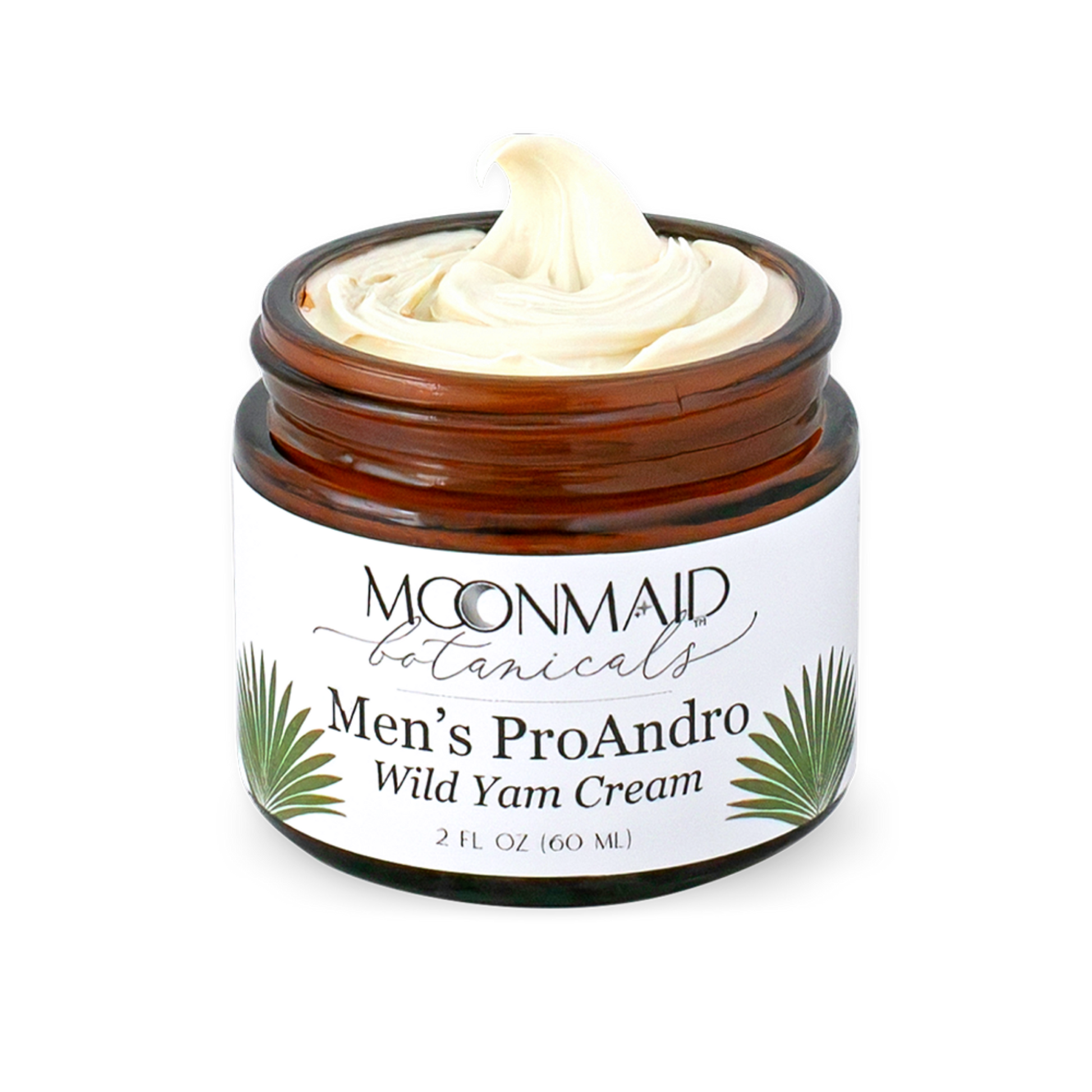 Product shot of an open 2 fl oz jar of MoonMaid Botanicals Men's ProAndro Wild Yam Cream, showcasing the rich texture of the topical cream against a white background.