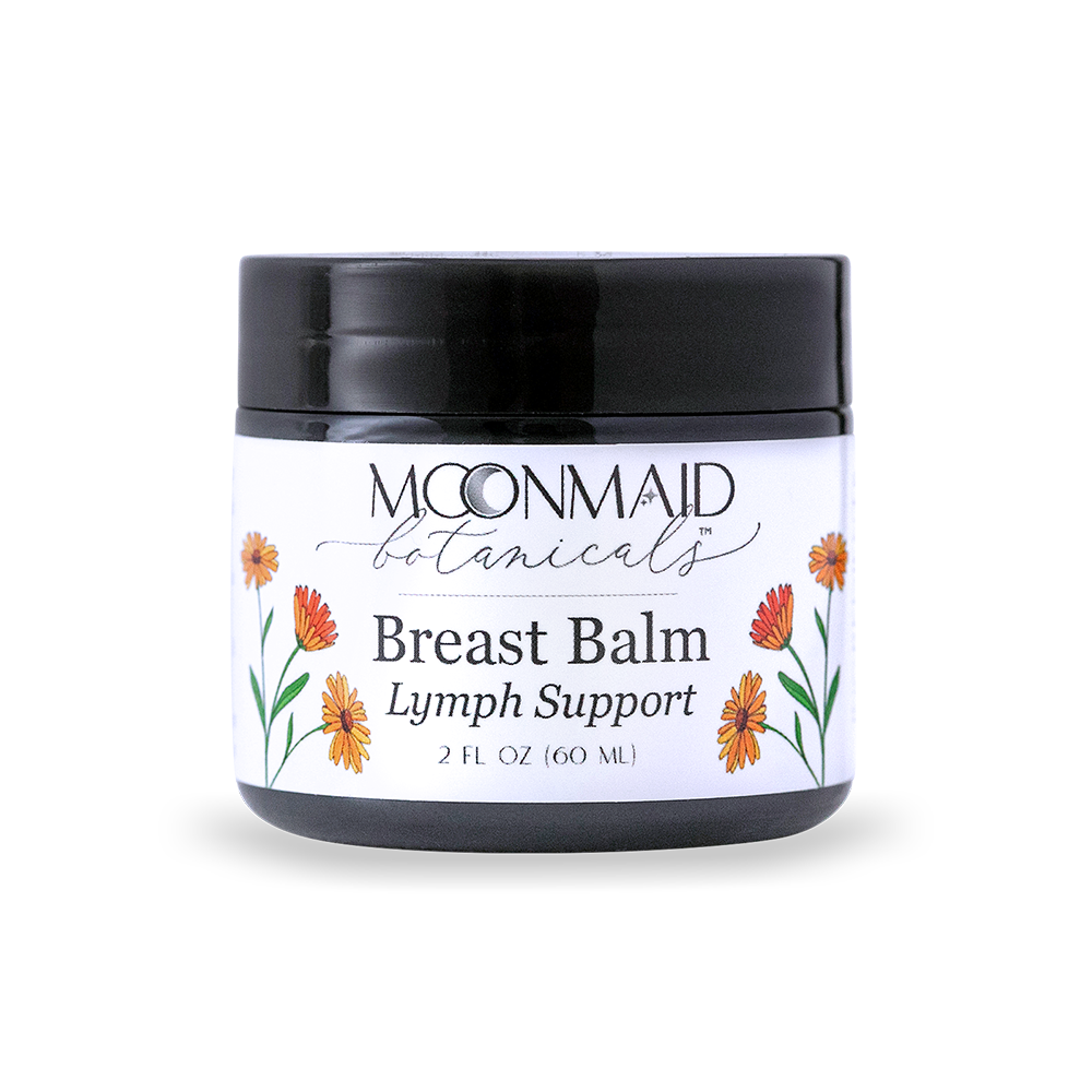 A closed 2 fl oz jar of Moonmaid Botanicals Breast Balm Lymph Support featuring vibrant orange calendula flower illustrations.