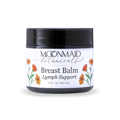 A closed 2 fl oz jar of Moonmaid Botanicals Breast Balm Lymph Support featuring vibrant orange calendula flower illustrations.