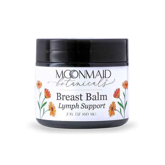 A closed 2 fl oz jar of Moonmaid Botanicals Breast Balm Lymph Support featuring vibrant orange calendula flower illustrations.