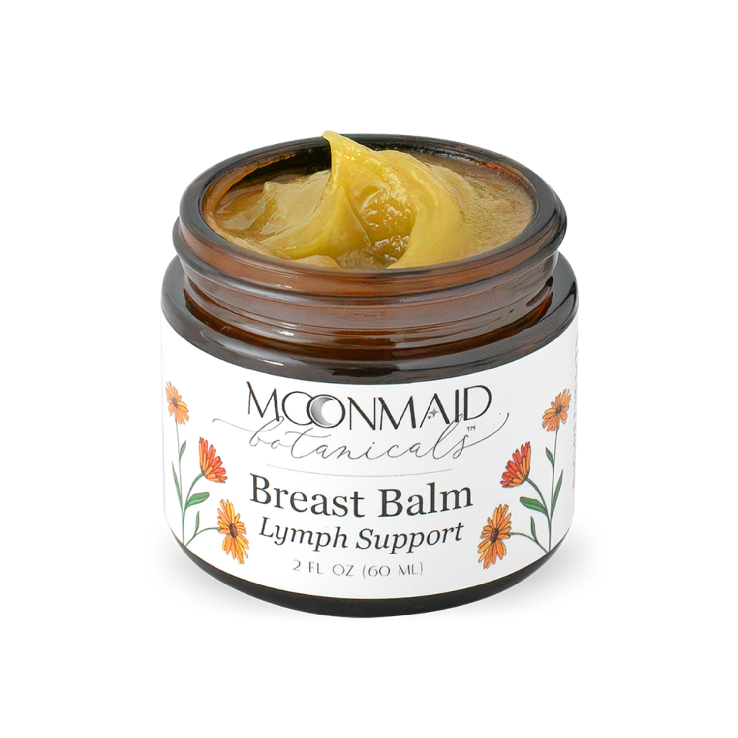 An open amber glass jar of MoonMaid Botanicals Breast Balm Lymph Support, showing a thick, textured peak of yellow-gold herbal ointment inside.