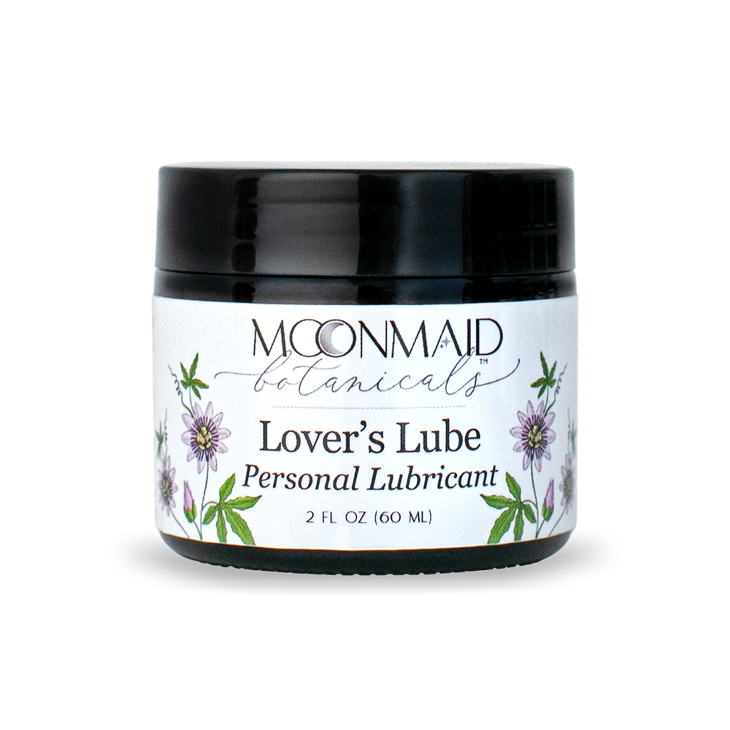 A 2 fl oz amber glass jar with a glossy black lid featuring MoonMaid Botanicals Lover's Lube Personal Lubricant against a solid dark background.