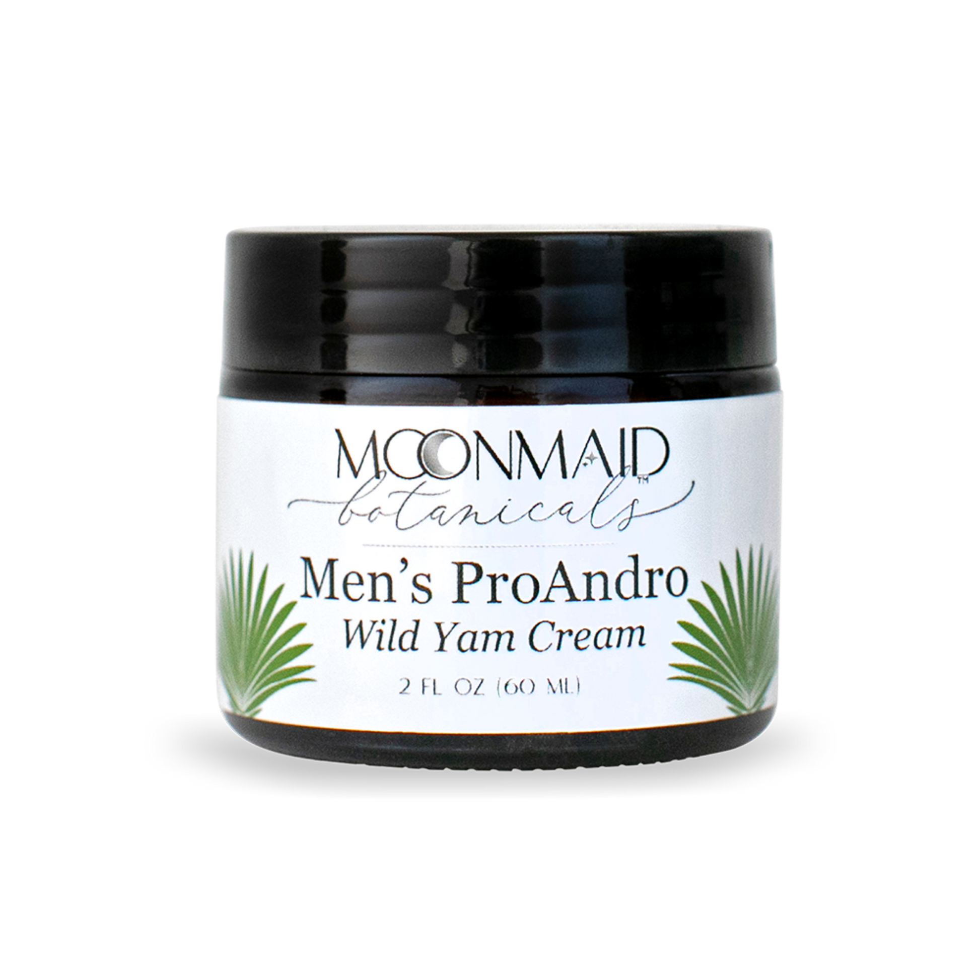 A 2 fl oz amber glass jar with a black lid featuring MoonMaid Botanicals Men's ProAndro Wild Yam Cream on a solid dark background.