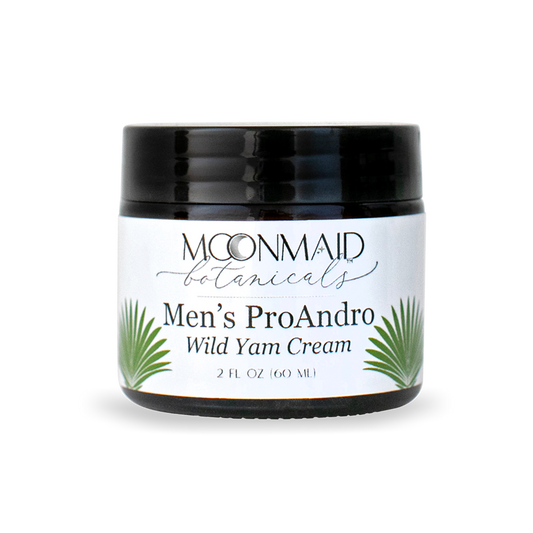 A 2 fl oz amber glass jar with a black lid featuring MoonMaid Botanicals Men's ProAndro Wild Yam Cream on a solid dark background.