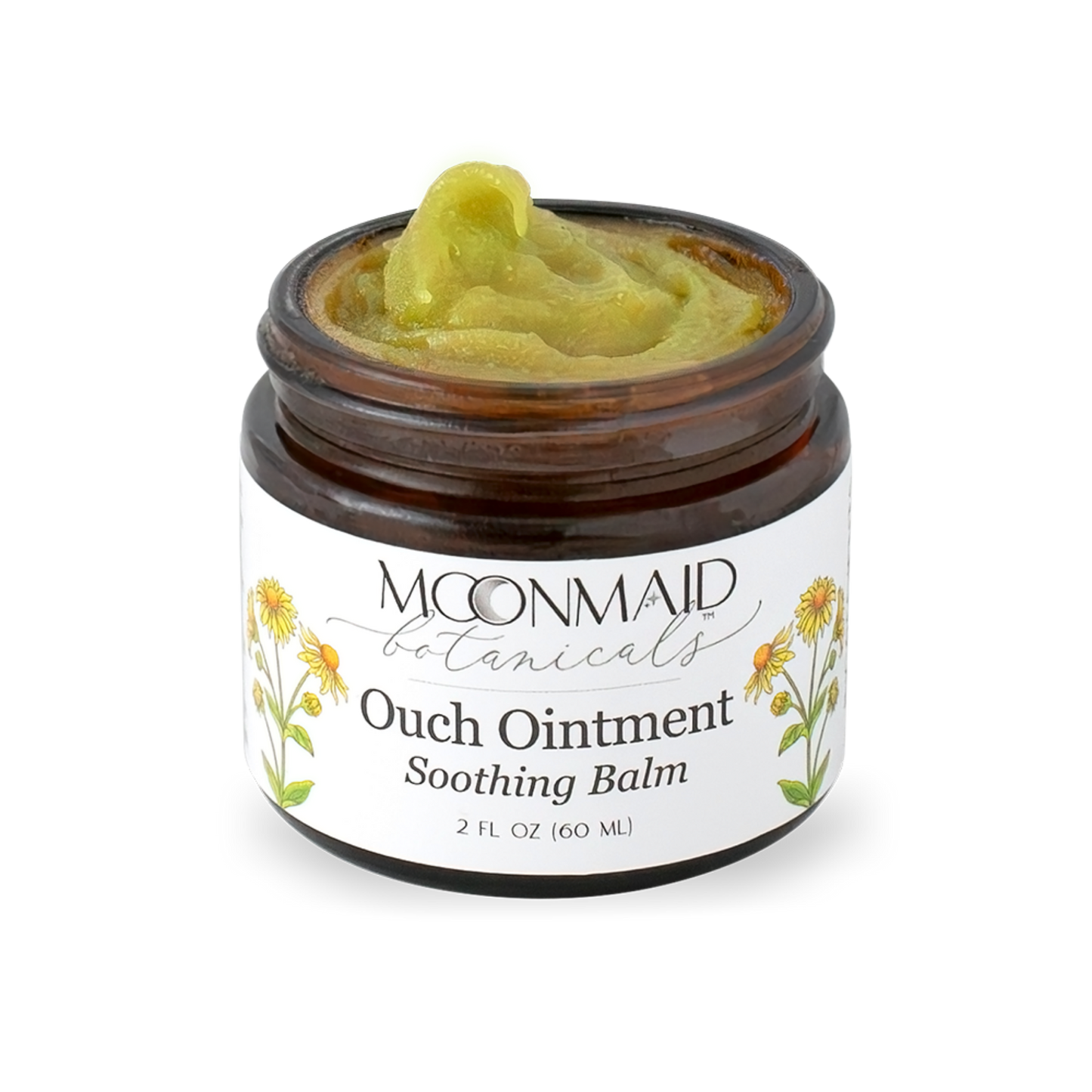 An open amber glass jar of MoonMaid Botanicals Ouch Ointment Soothing Balm, showing a thick dollop of olive-green herbal ointment inside. 