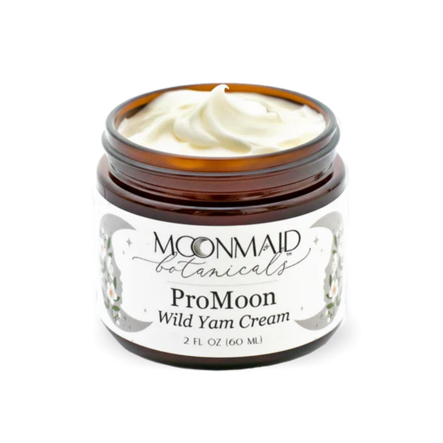 An open amber glass jar of MoonMaid Botanicals ProMoon Wild Yam Cream, revealing a thick, creamy white swirl of the product inside.