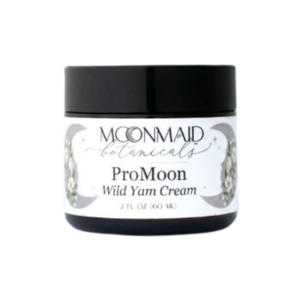 Front view of a closed jar of Moonmaid Botanicals ProMoon Wild Yam Cream, detailed with grey crescent moon and white flower graphics.