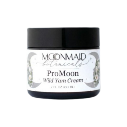 Front view of a closed jar of Moonmaid Botanicals ProMoon Wild Yam Cream, detailed with grey crescent moon and white flower graphics.