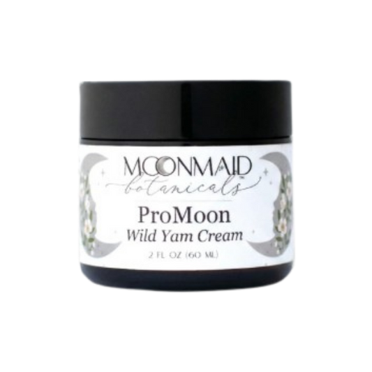Front view of a closed jar of Moonmaid Botanicals ProMoon Wild Yam Cream, detailed with grey crescent moon and white flower graphics.