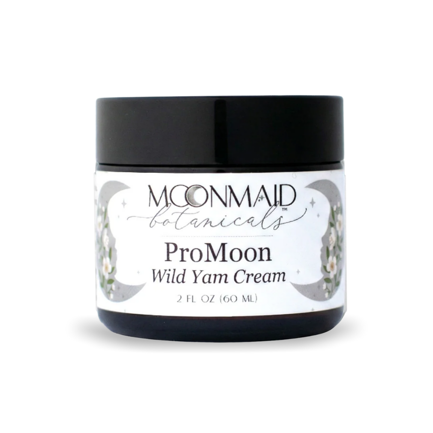 A 2 fl oz amber glass jar with a black screw-top lid featuring MoonMaid Botanicals ProMoon Wild Yam Cream against a solid dark background.