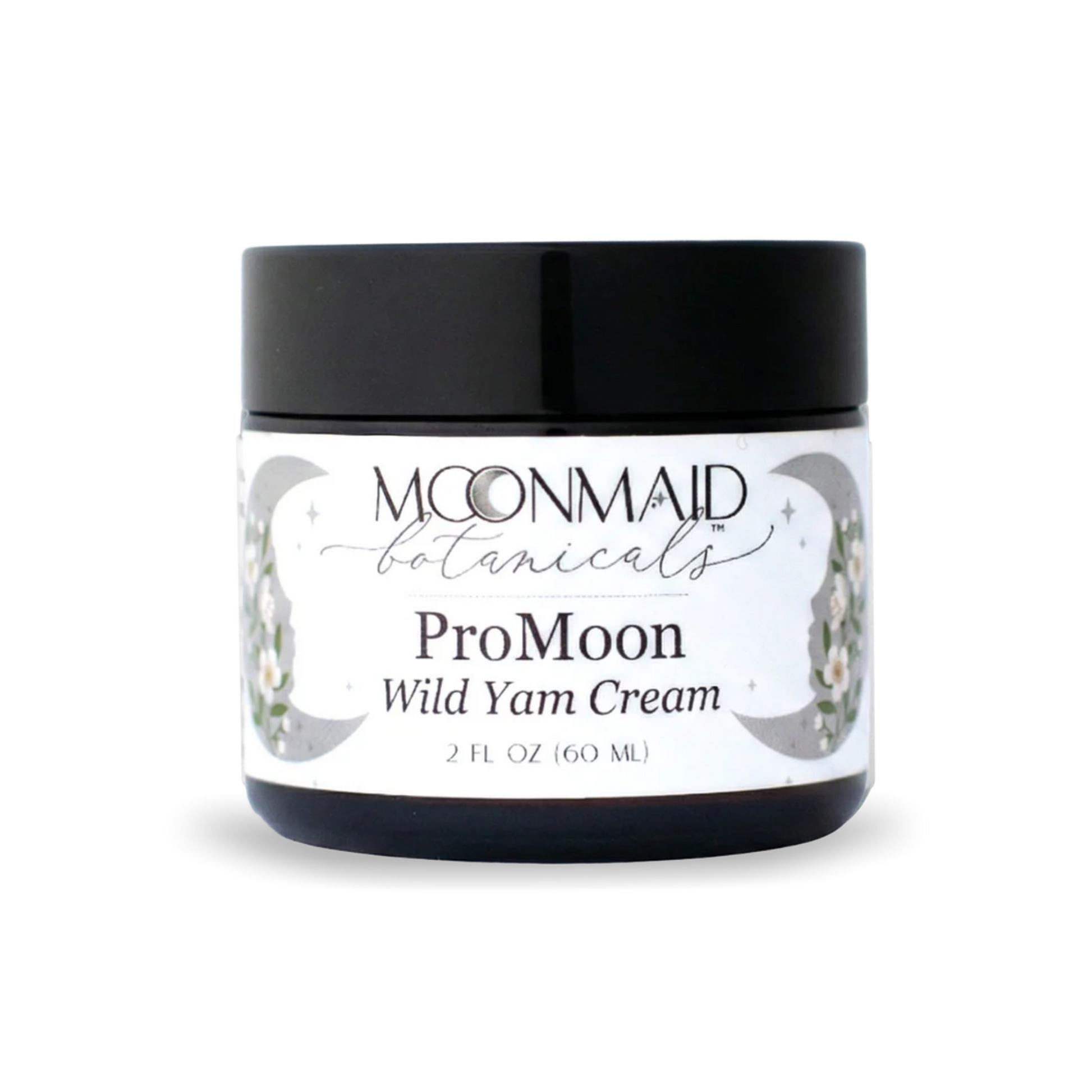 A 2 fl oz amber glass jar with a black screw-top lid featuring MoonMaid Botanicals ProMoon Wild Yam Cream against a solid dark background.