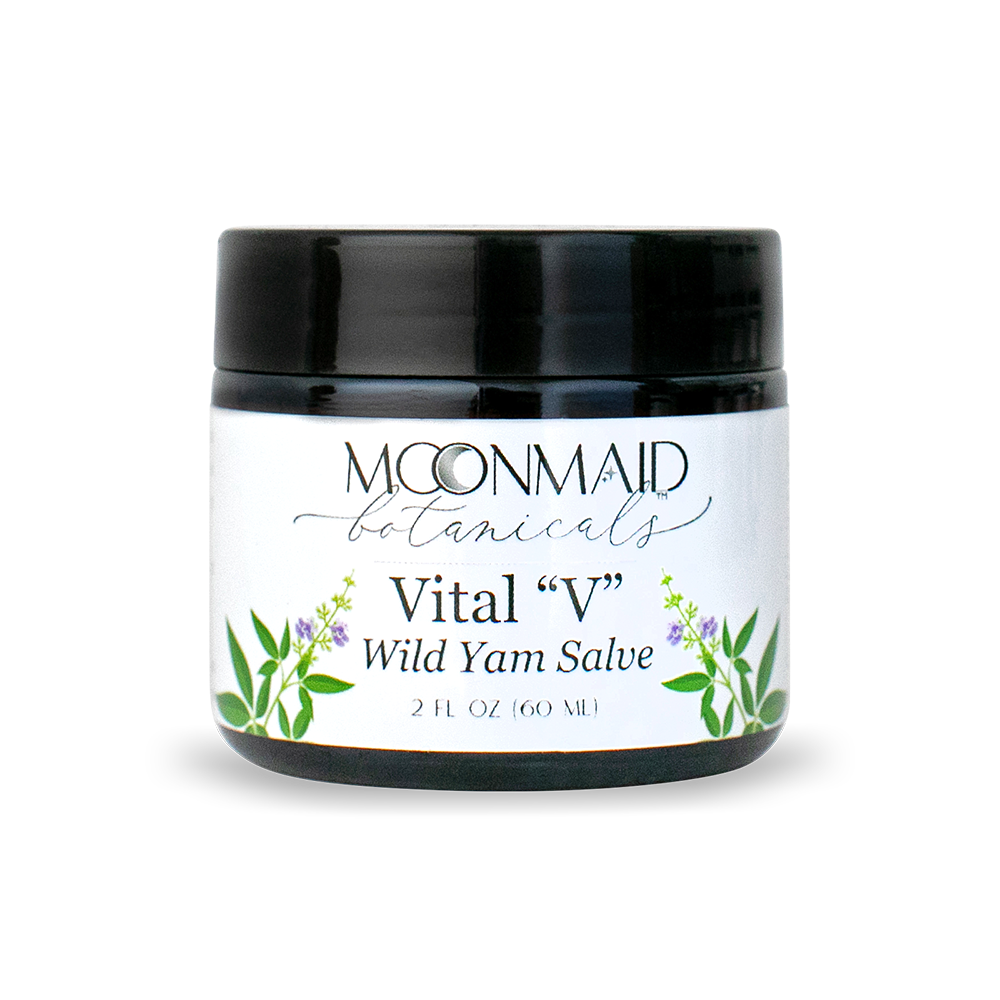 A closed 2 fl oz dark amber glass jar of Moonmaid Botanicals Vital V Wild Yam Salve featuring purple chaste tree berry flower illustrations.