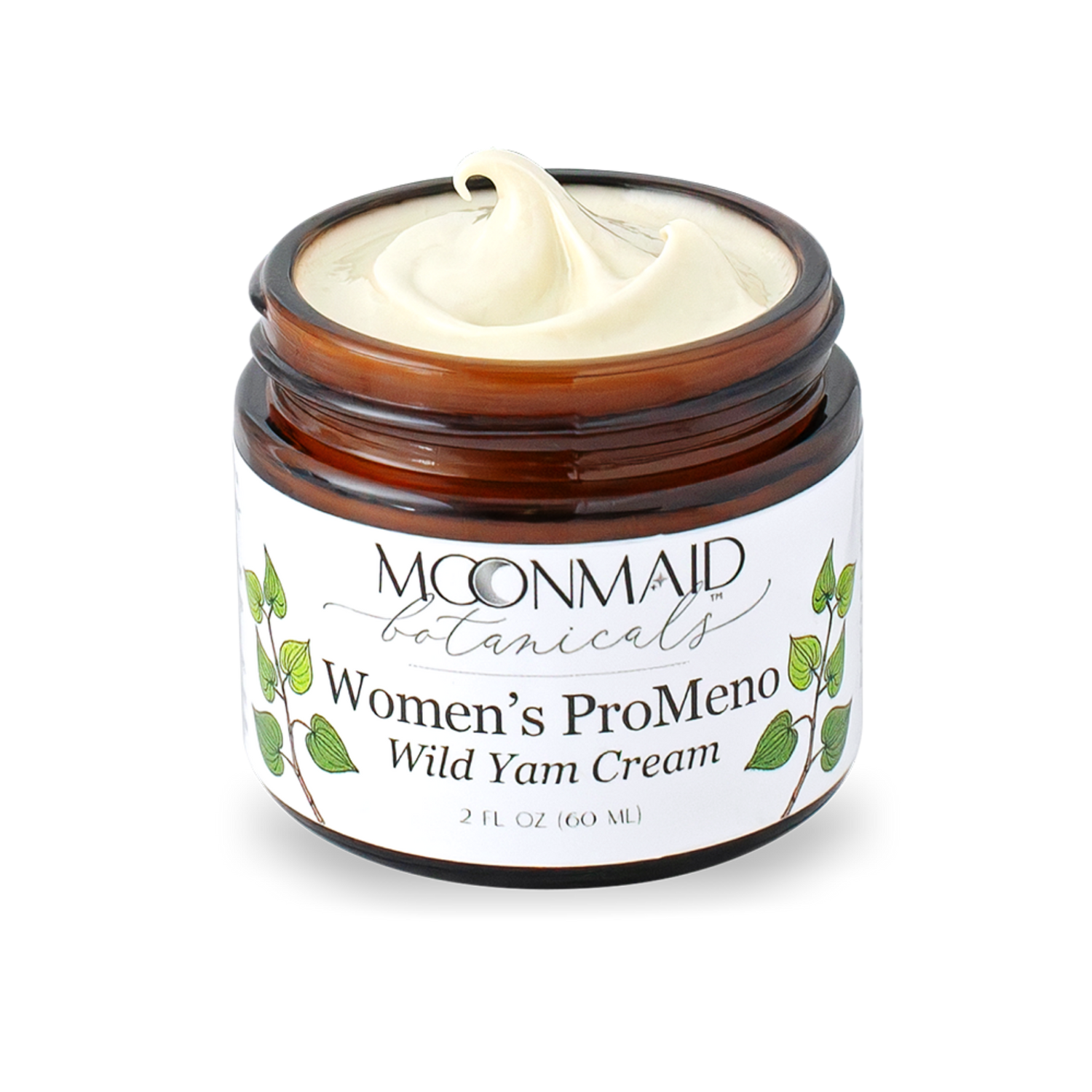 Open jar of Moonmaid Botanicals ProMeno Wild Yam Cream showing a close-up of the smooth, whipped natural cream texture.