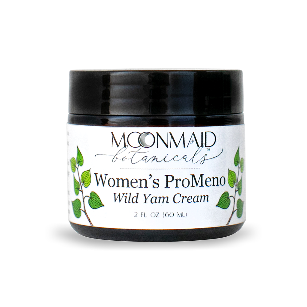 A closed 2 fl oz dark amber glass jar of Moonmaid Botanicals Women's ProMeno Wild Yam Cream against a transparent background.