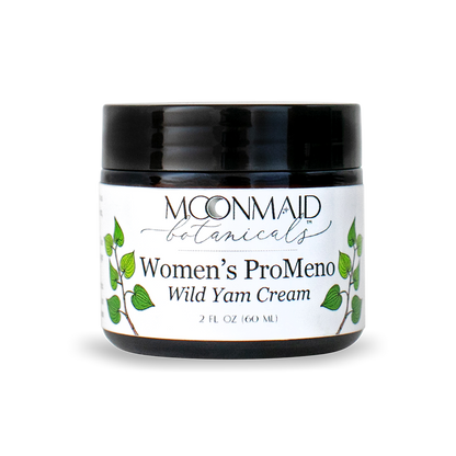 A closed 2 fl oz dark amber glass jar of Moonmaid Botanicals Women's ProMeno Wild Yam Cream against a transparent background.