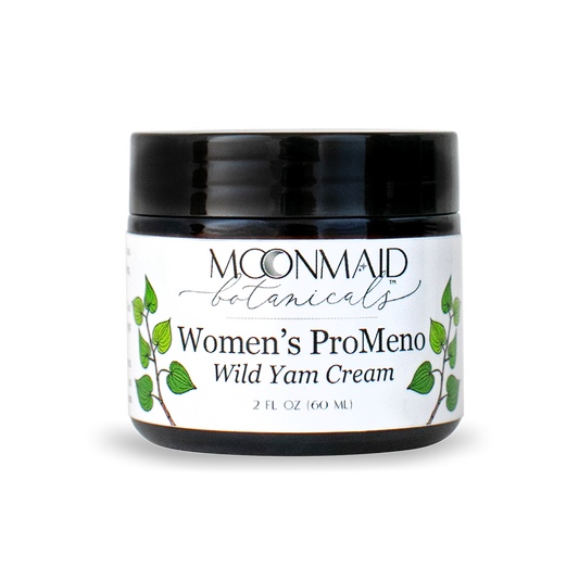 A closed 2 fl oz dark amber glass jar of Moonmaid Botanicals Women's ProMeno Wild Yam Cream against a transparent background.